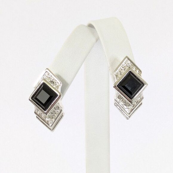 VTG Art Deco Style Black Faux Onyx Clear Rhinestone Silver Tone Pierced Earrings - Picture 1 of 7